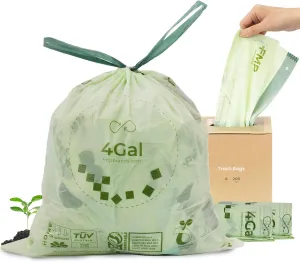 FMP Brands 200 Count 4 Gallon 100% Compostable Trash Bags with Drawstring, Extra Thick 0.8 Mil, Leak-Proof Small Kitchen Garbage Bag, Waste Basket Liners, ASTM D6400, US BPI, OK Compost Certified