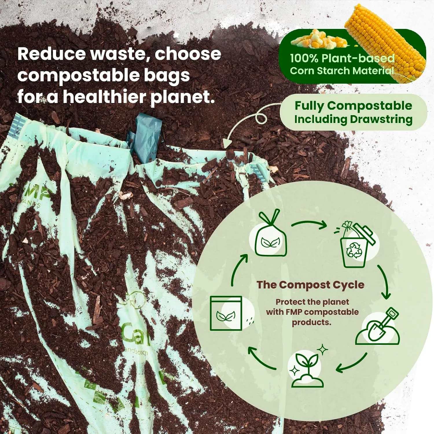 FMP Brands 200 Count 4 Gallon 100% Compostable Trash Bags with Drawstring, Extra Thick 0.8 Mil, Leak-Proof Small Kitchen Garbage Bag, Waste Basket Liners, ASTM D6400, US BPI, OK Compost Certified