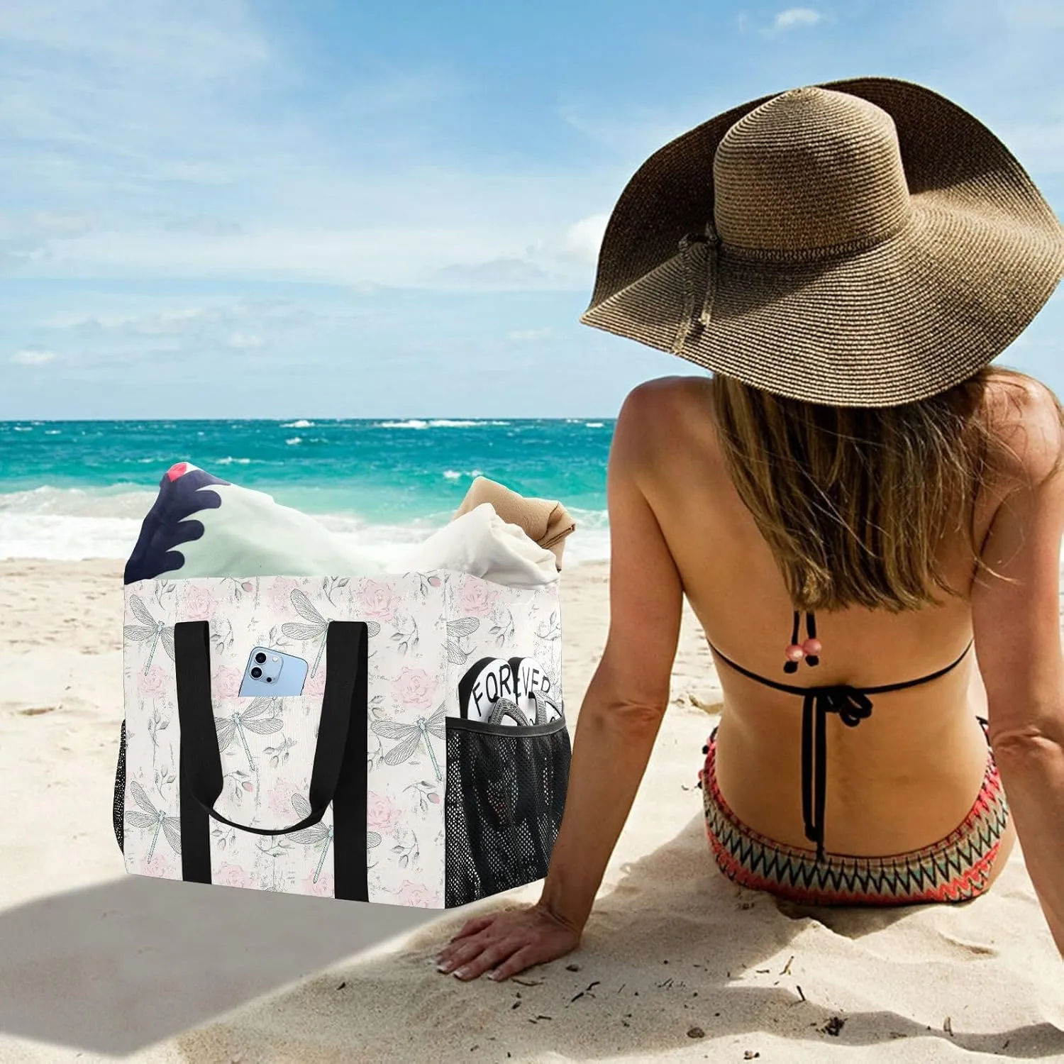 Foldable Grocery Reusable Tote Grocery Bag, Travel Canvas Shoulder Bags, Large Casual Laundry Pool Beach Bag