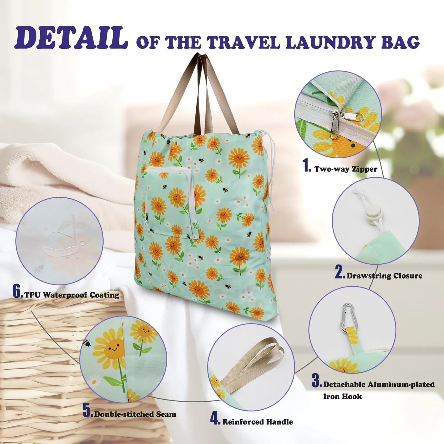 Foldable Travel Laundry Bag with Handle and Drawstring, 2 Pack Expandable Dirty Clothes Bags with Aluminum Carabiner and Zipper, Lightweight Laundry Hamper Liner for Travel, Camp, 20*19 inch