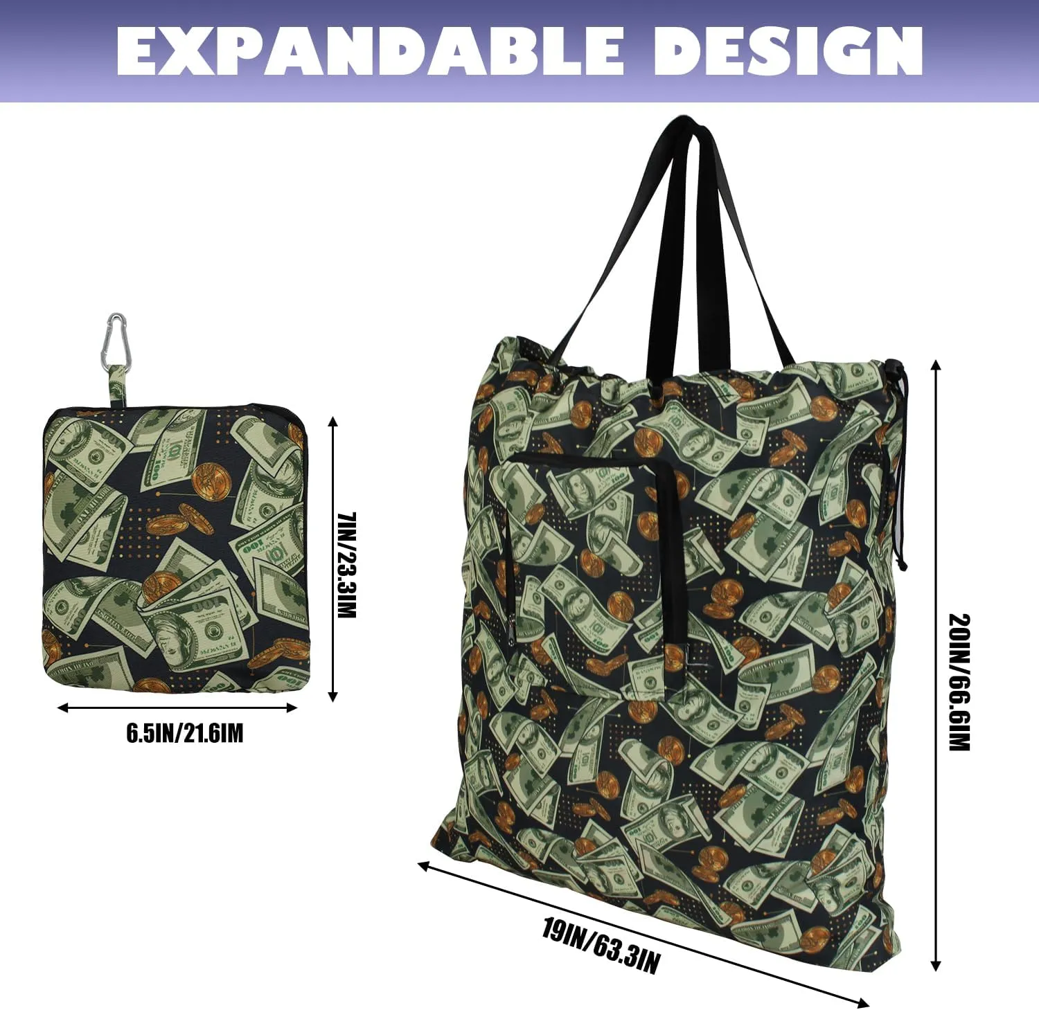 Foldable Travel Laundry Bag with Handle and Drawstring, 2 Pack Expandable Dirty Clothes Bags with Aluminum Carabiner and Zipper, Lightweight Laundry Hamper Liner for Travel, Camp, 20*19 inch