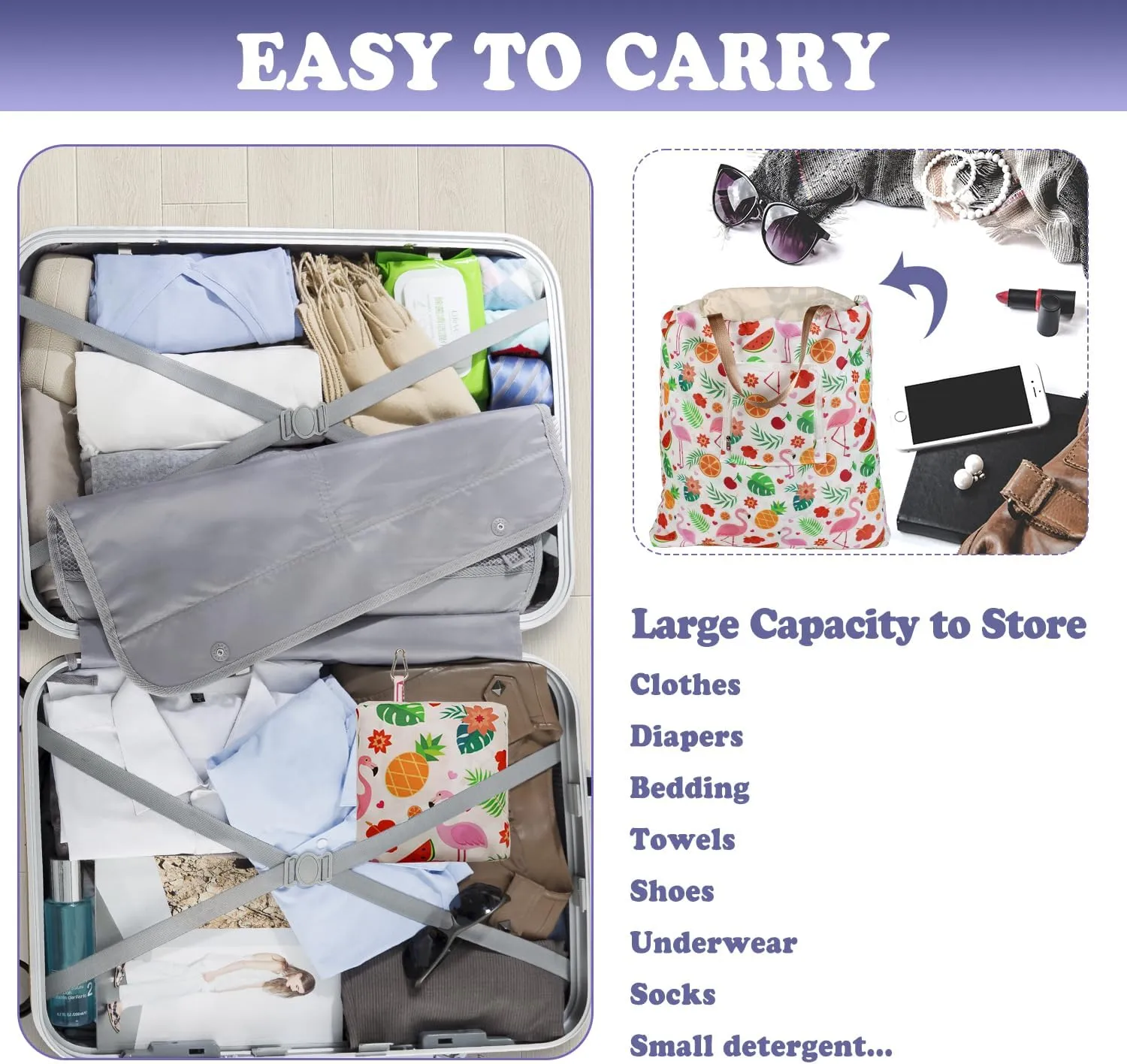 Foldable Travel Laundry Bag with Handle and Drawstring, 2 Pack Expandable Dirty Clothes Bags with Aluminum Carabiner and Zipper, Lightweight Laundry Hamper Liner for Travel, Camp, 20*19 inch