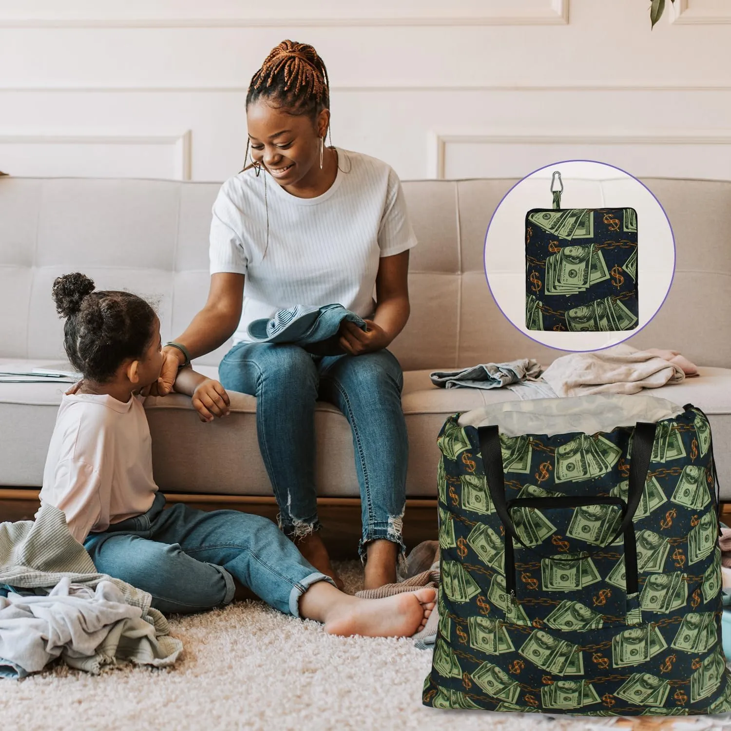 Foldable Travel Laundry Bag with Handle and Drawstring, 2 Pack Expandable Dirty Clothes Bags with Aluminum Carabiner and Zipper, Lightweight Laundry Hamper Liner for Travel, Camp, 20*19 inch