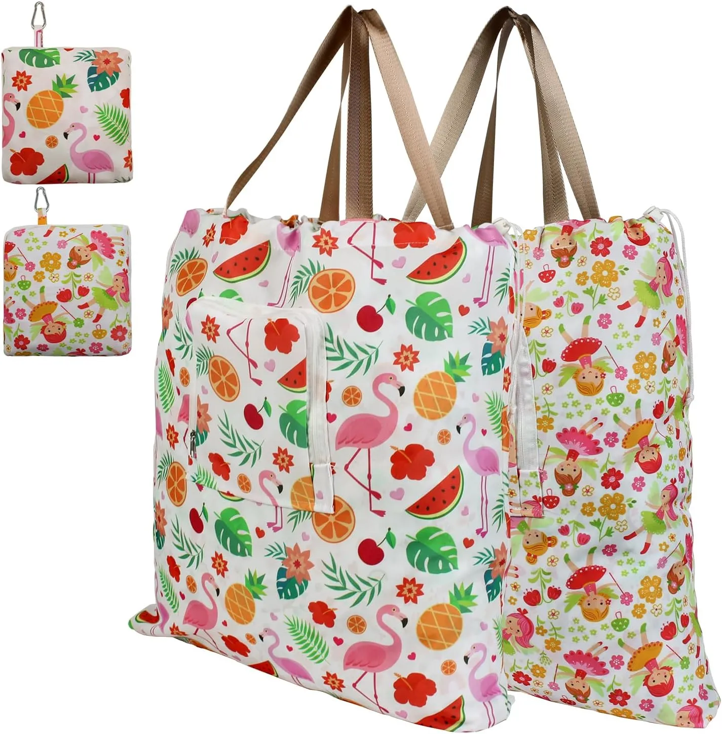 Foldable Travel Laundry Bag with Handle and Drawstring, 2 Pack Expandable Dirty Clothes Bags with Aluminum Carabiner and Zipper, Lightweight Laundry Hamper Liner for Travel, Camp, 20*19 inch
