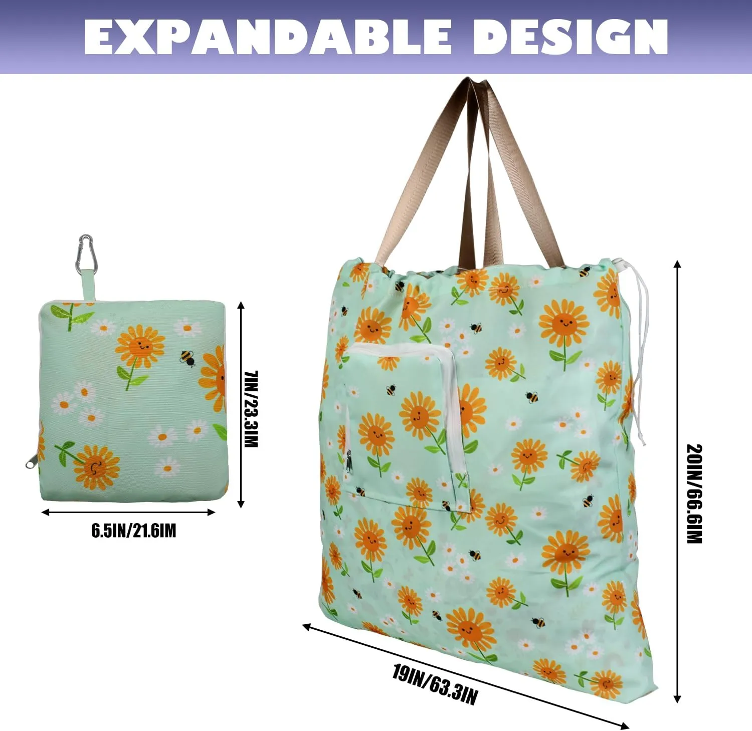 Foldable Travel Laundry Bag with Handle and Drawstring, 2 Pack Expandable Dirty Clothes Bags with Aluminum Carabiner and Zipper, Lightweight Laundry Hamper Liner for Travel, Camp, 20*19 inch