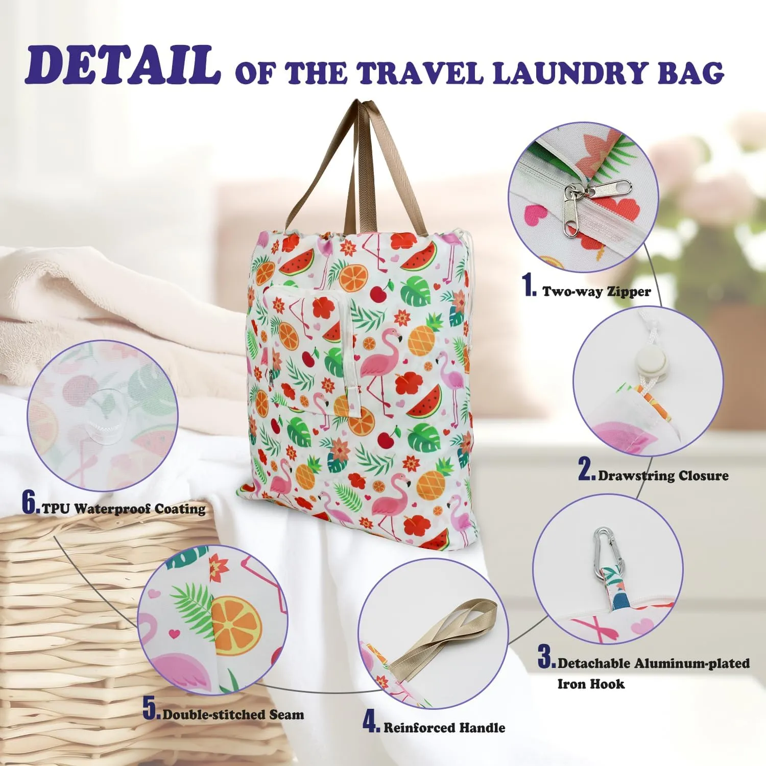 Foldable Travel Laundry Bag with Handle and Drawstring, 2 Pack Expandable Dirty Clothes Bags with Aluminum Carabiner and Zipper, Lightweight Laundry Hamper Liner for Travel, Camp, 20*19 inch