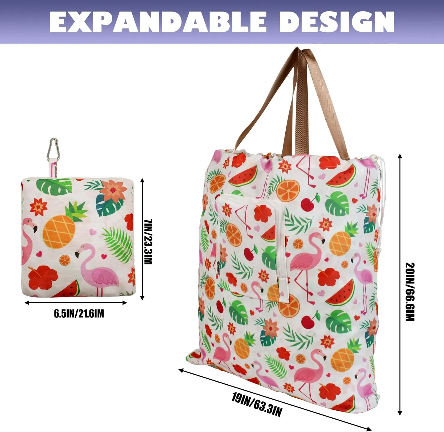 Foldable Travel Laundry Bag with Handle and Drawstring, 2 Pack Expandable Dirty Clothes Bags with Aluminum Carabiner and Zipper, Lightweight Laundry Hamper Liner for Travel, Camp, 20*19 inch
