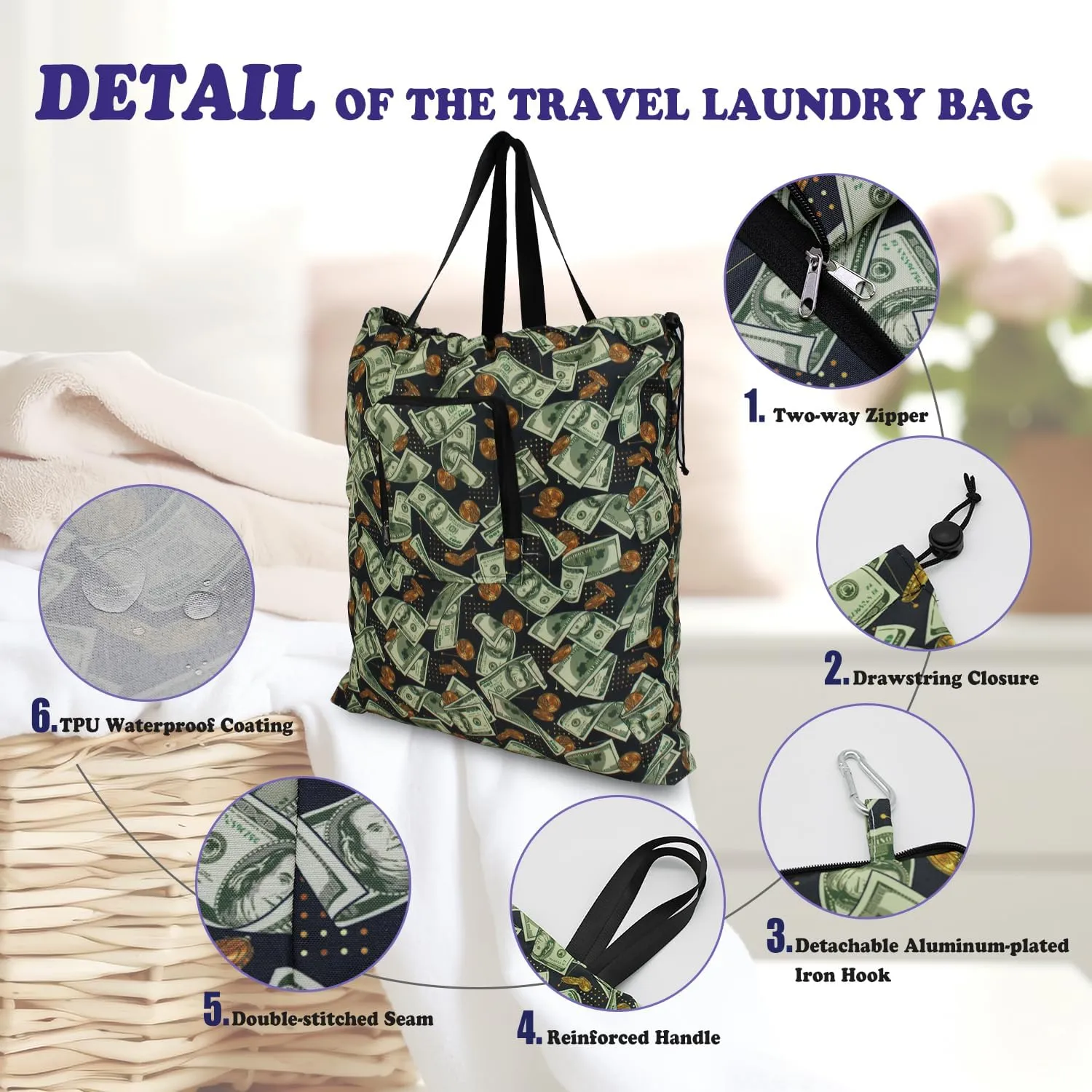 Foldable Travel Laundry Bag with Handle and Drawstring, 2 Pack Expandable Dirty Clothes Bags with Aluminum Carabiner and Zipper, Lightweight Laundry Hamper Liner for Travel, Camp, 20*19 inch