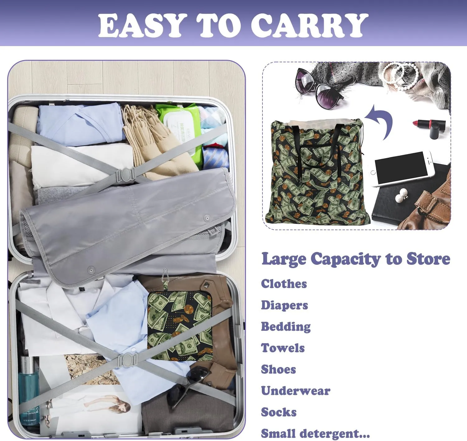 Foldable Travel Laundry Bag with Handle and Drawstring, 2 Pack Expandable Dirty Clothes Bags with Aluminum Carabiner and Zipper, Lightweight Laundry Hamper Liner for Travel, Camp, 20*19 inch