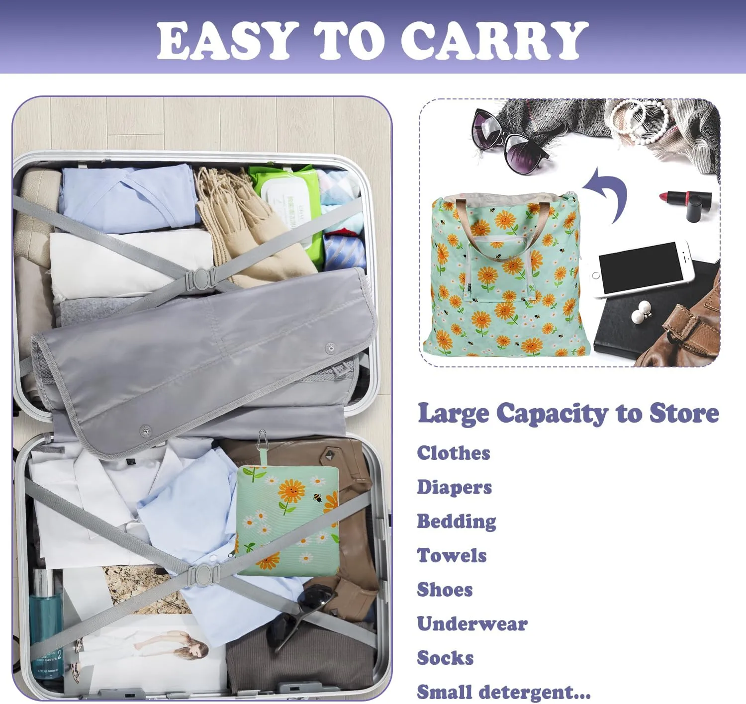 Foldable Travel Laundry Bag with Handle and Drawstring, 2 Pack Expandable Dirty Clothes Bags with Aluminum Carabiner and Zipper, Lightweight Laundry Hamper Liner for Travel, Camp, 20*19 inch