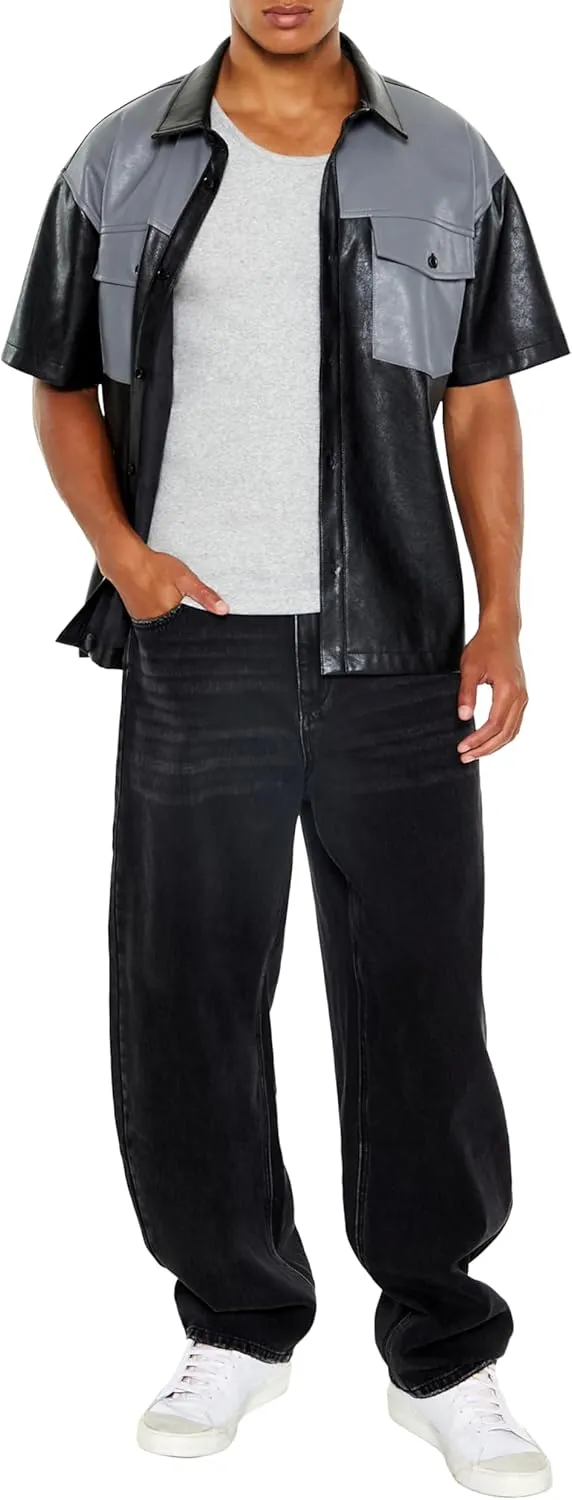 Forever 21 Men's Faux Leather Colorblock Shirt