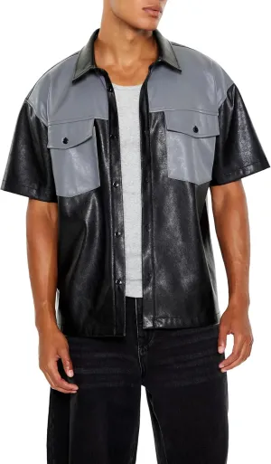 Forever 21 Men's Faux Leather Colorblock Shirt