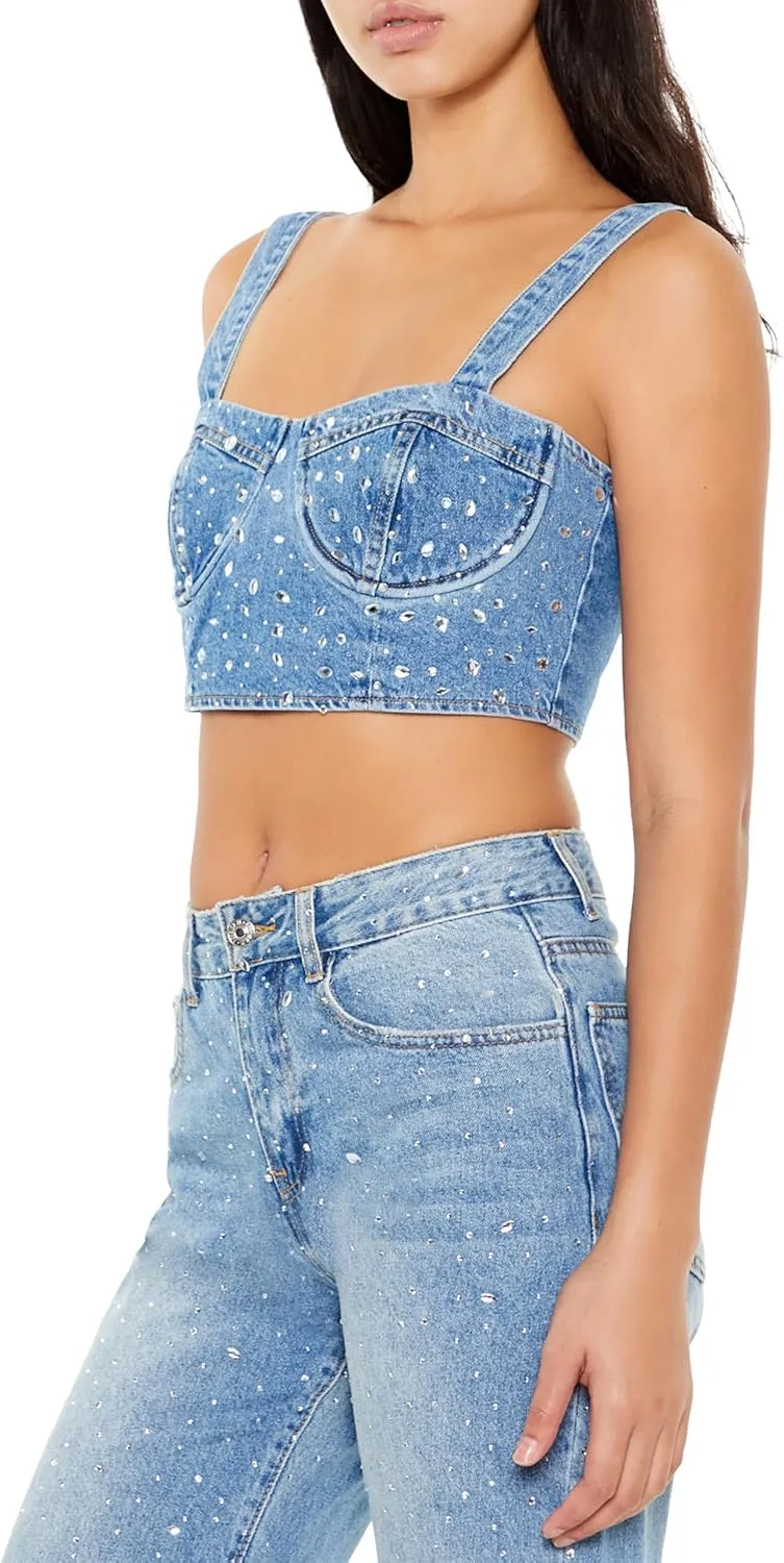 Forever 21 Women's Faux Gem Denim Bustier Crop Top