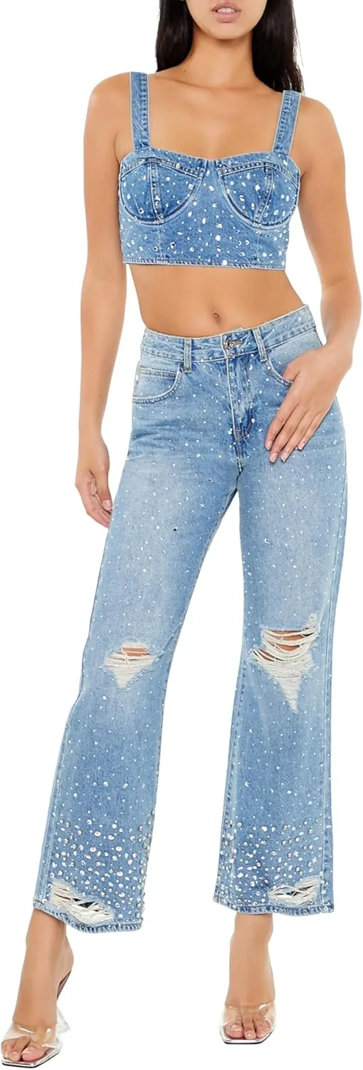 Forever 21 Women's Faux Gem Denim Bustier Crop Top