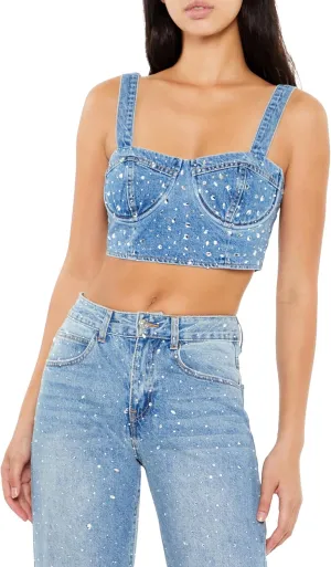 Forever 21 Women's Faux Gem Denim Bustier Crop Top