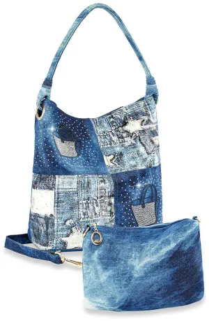 Four Square Patchwork Denim Hobo Set - Dark Blue