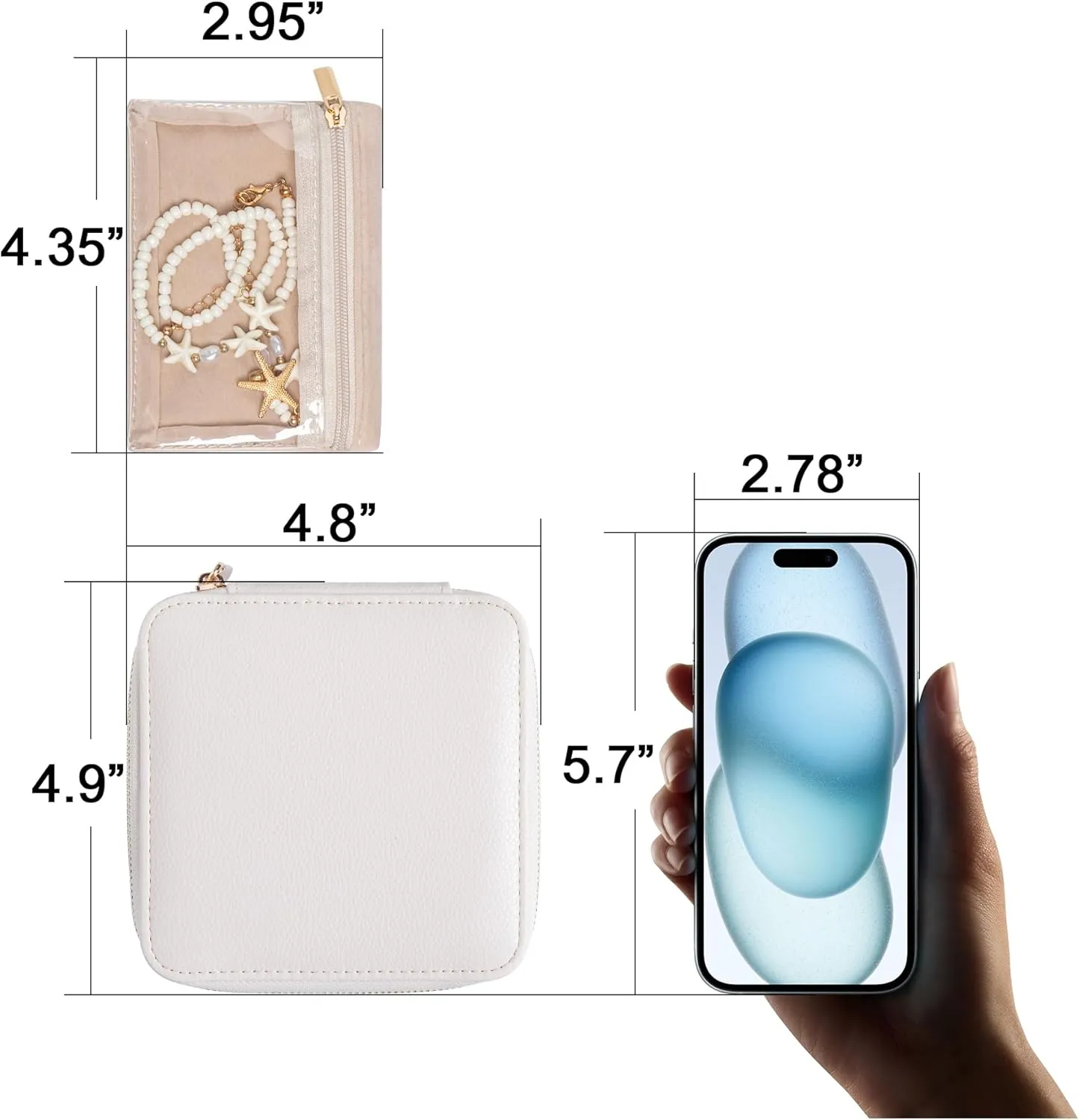 Frebeauty Small Travel Jewelry Box,Travel Jewelry Case with 6 Pouch Bags,Portable Travel Jewelry Organizer,Mini Jewelry Storage,3.35 x 4.9 x 4.8 Inches,Gift Idea for Women Girls (White)