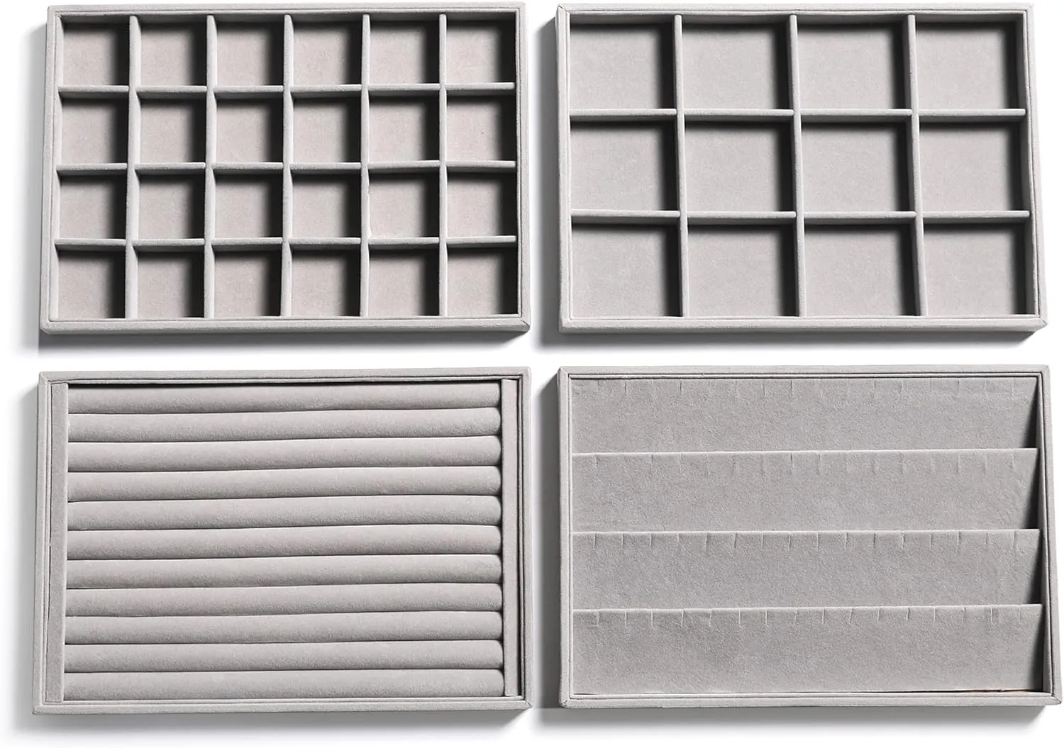 Frebeauty Stackable Velvet Jewelry Organizer Trays for Drawers Inserts Jewelry Storage Tray Display Case Earrings Bracelets Necklace Rings Accessories Trays for Women(Set of 4)(Grey).