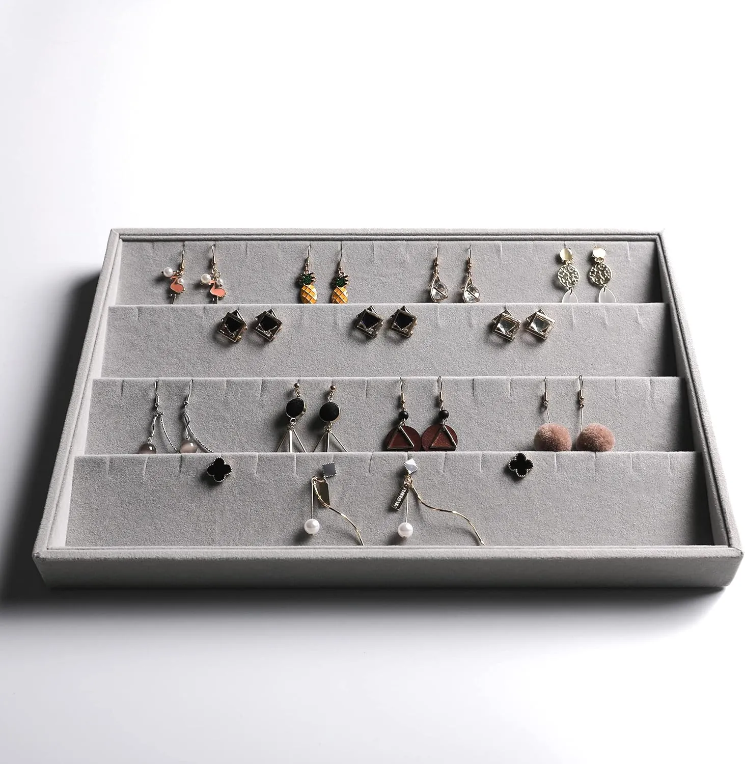 Frebeauty Stackable Velvet Jewelry Organizer Trays for Drawers Inserts Jewelry Storage Tray Display Case Earrings Bracelets Necklace Rings Accessories Trays for Women(Set of 4)(Grey).
