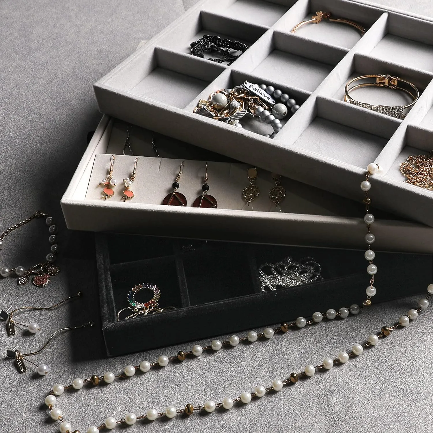 Frebeauty Stackable Velvet Jewelry Organizer Trays for Drawers Inserts Jewelry Storage Tray Display Case Earrings Bracelets Necklace Rings Accessories Trays for Women(Set of 4)(Grey).