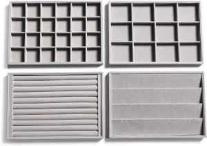 Frebeauty Stackable Velvet Jewelry Organizer Trays for Drawers Inserts Jewelry Storage Tray Display Case Earrings Bracelets Necklace Rings Accessories Trays for Women(Set of 4)(Grey).