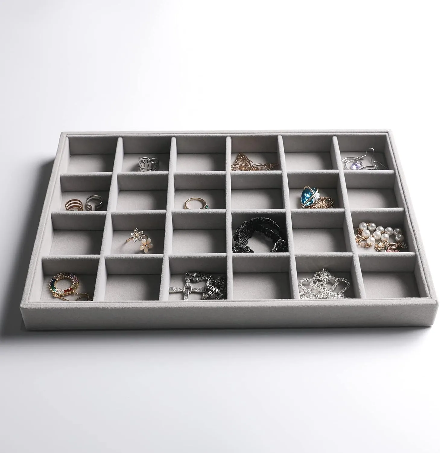 Frebeauty Stackable Velvet Jewelry Organizer Trays for Drawers Inserts Jewelry Storage Tray Display Case Earrings Bracelets Necklace Rings Accessories Trays for Women(Set of 4)(Grey).