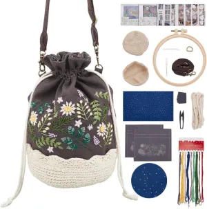 FREEBLOSS Embroidery Bucket Bag Kit Flower Style Embroidery Kit with Instruction Women Handmade Bucket Bag Cotton Embroidery Starter Kit for Beginners Adults