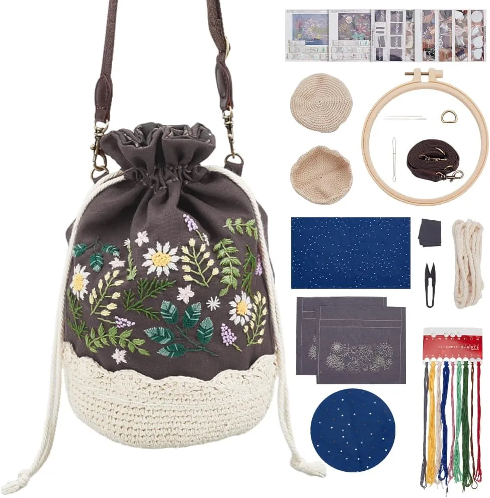 FREEBLOSS Embroidery Bucket Bag Kit Flower Style Embroidery Kit with Instruction Women Handmade Bucket Bag Cotton Embroidery Starter Kit for Beginners Adults