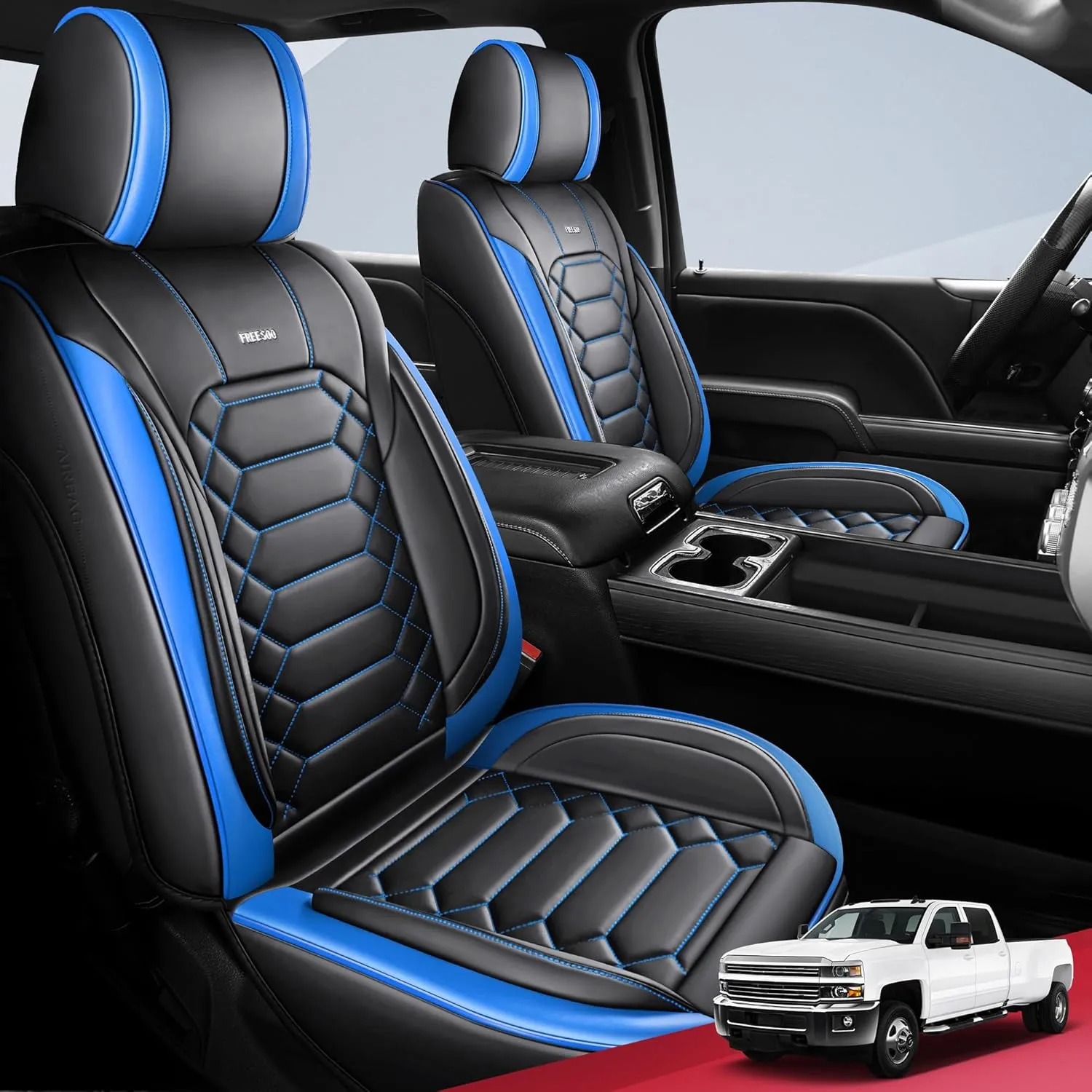 FREESOO Silverado 2014-2018 Faux Leather Full Set Seat Covers, Fit for Chevy Silverado GMC Sierra 1500 2500 3500 Crew Cab Waterproof Truck Seat Covers BlackBlue