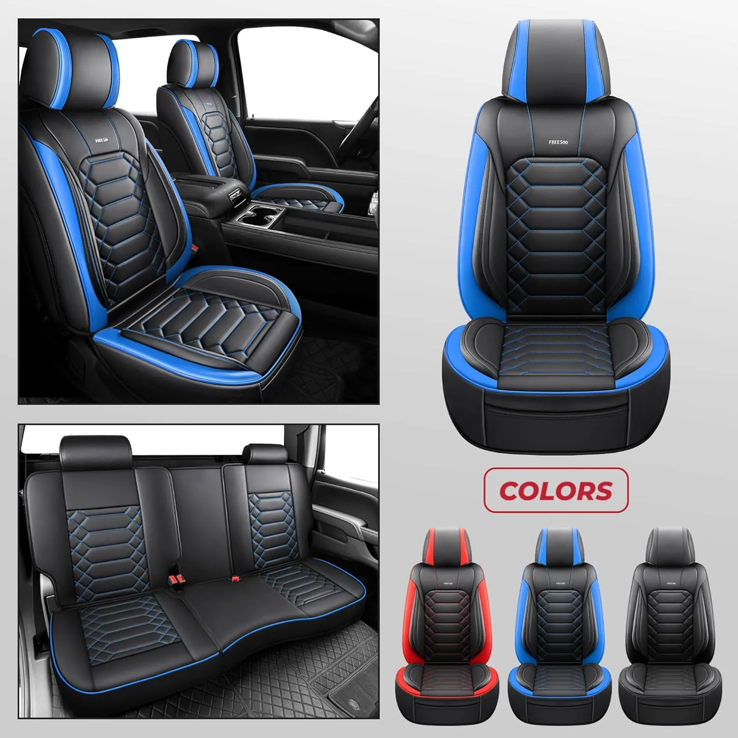 FREESOO Silverado 2014-2018 Faux Leather Full Set Seat Covers, Fit for Chevy Silverado GMC Sierra 1500 2500 3500 Crew Cab Waterproof Truck Seat Covers BlackBlue
