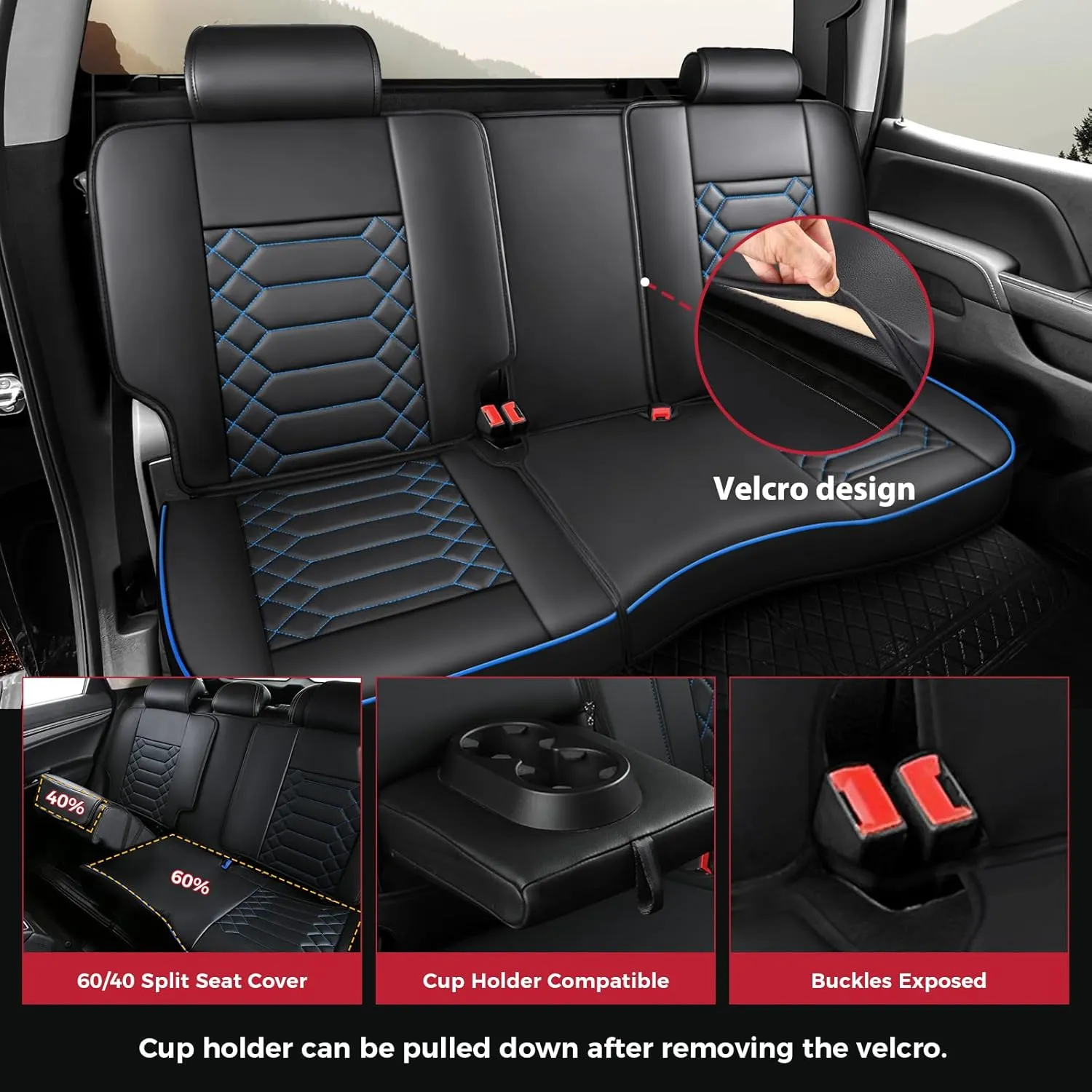 FREESOO Silverado 2014-2018 Faux Leather Full Set Seat Covers, Fit for Chevy Silverado GMC Sierra 1500 2500 3500 Crew Cab Waterproof Truck Seat Covers BlackBlue