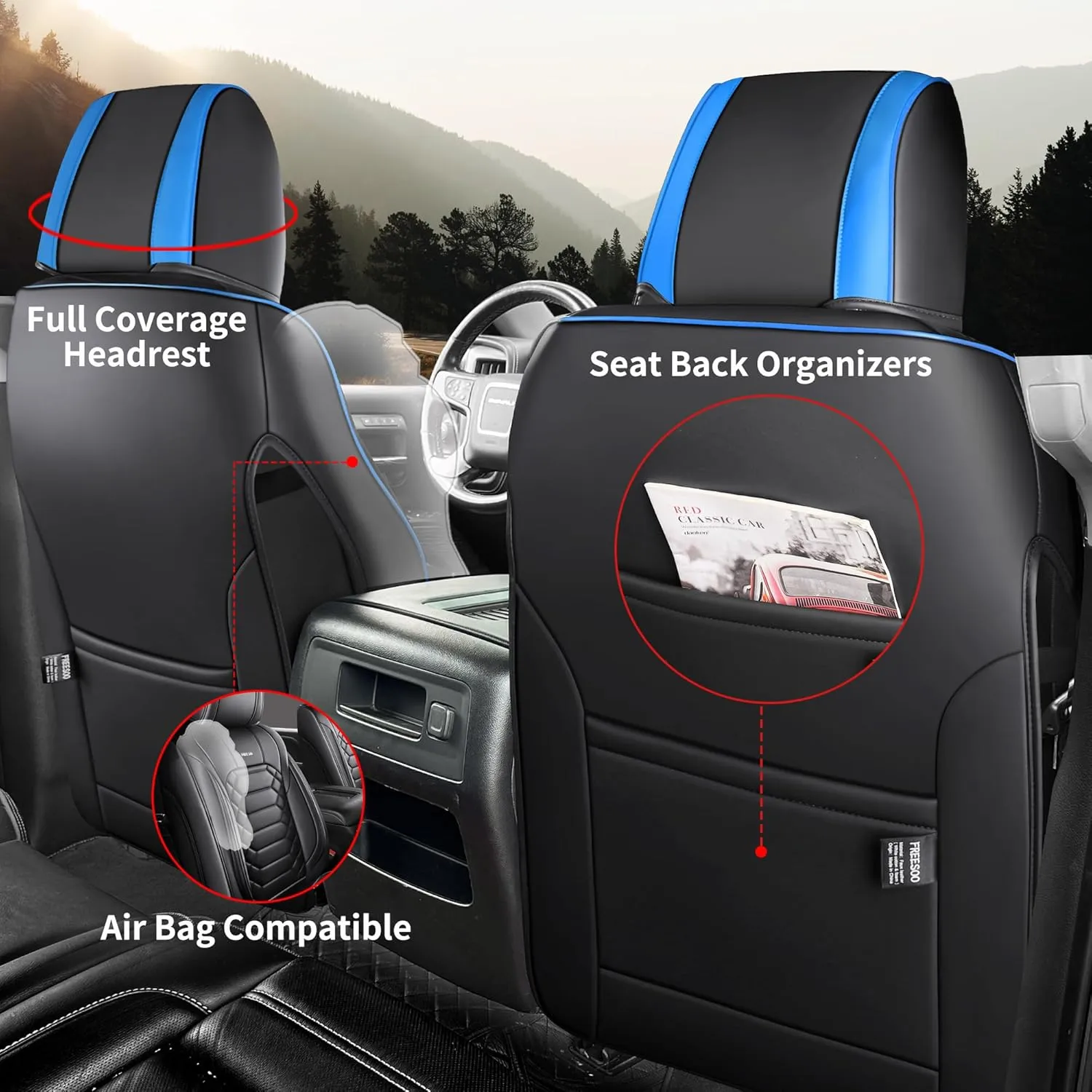 FREESOO Silverado 2014-2018 Faux Leather Full Set Seat Covers, Fit for Chevy Silverado GMC Sierra 1500 2500 3500 Crew Cab Waterproof Truck Seat Covers BlackBlue