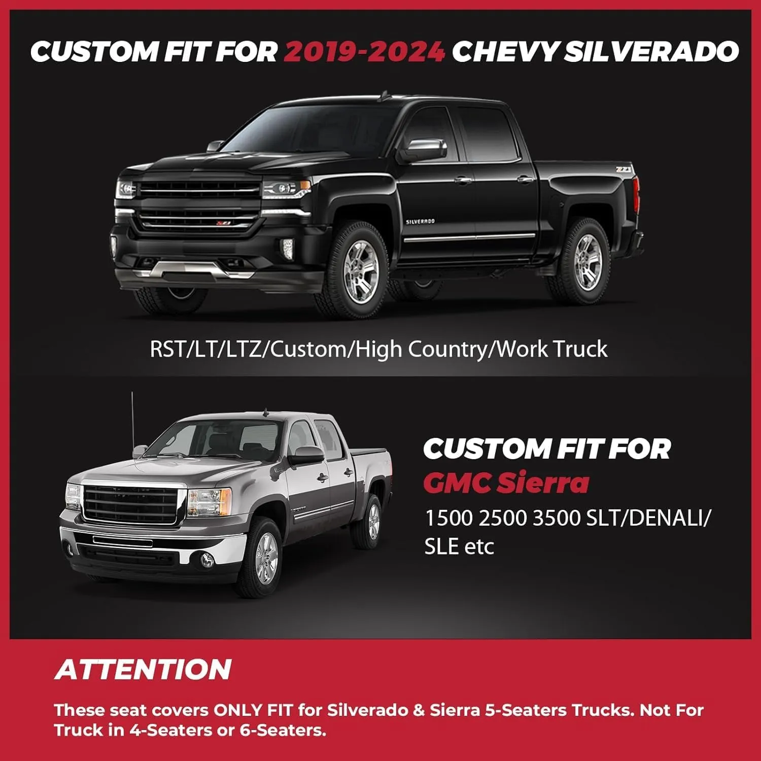 FREESOO Silverado 2019-2024 Faux Leather Full Set Seat Covers, Fit for Chevy Silverado GMC Sierra 1500 Crew Cab Waterproof Truck Seat Covers BlackGray