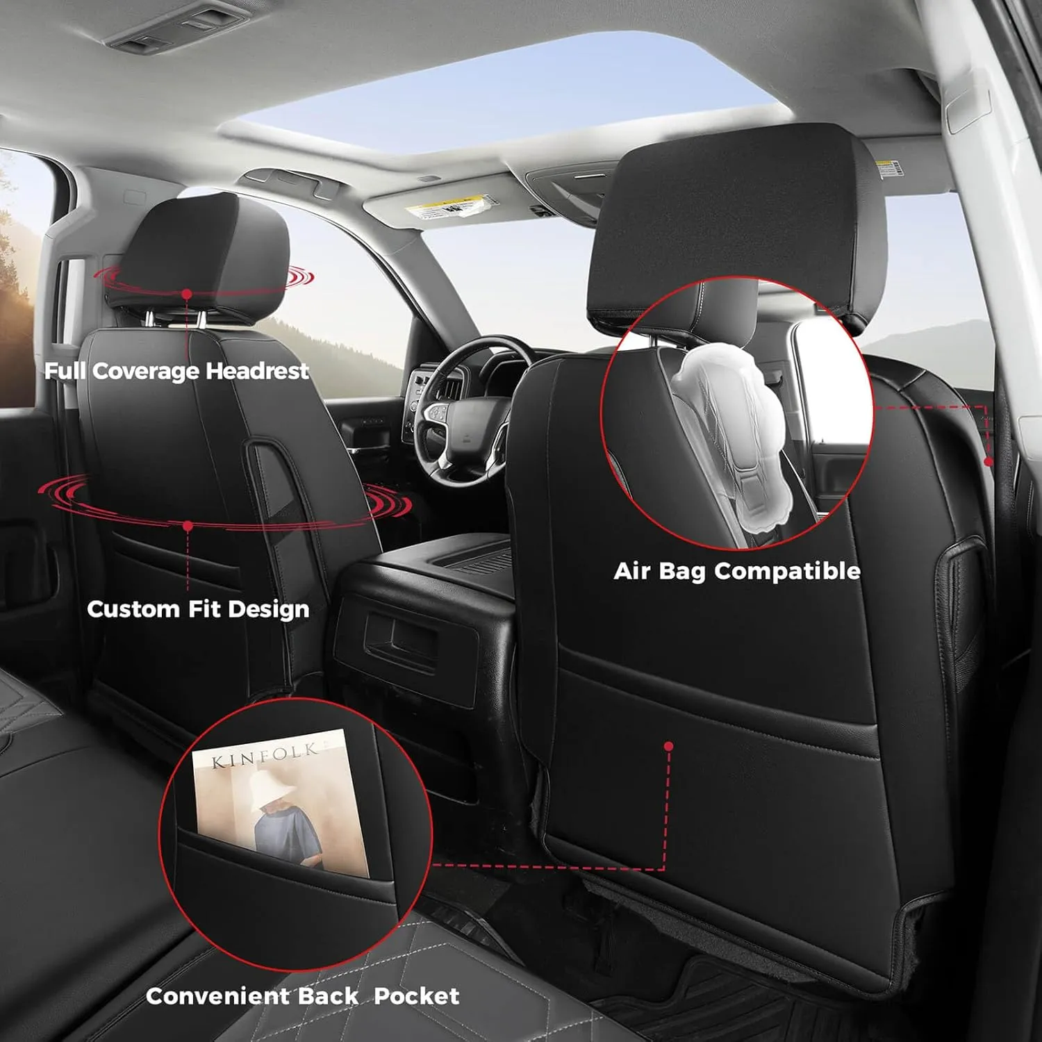 FREESOO Silverado 2019-2024 Faux Leather Full Set Seat Covers, Fit for Chevy Silverado GMC Sierra 1500 Crew Cab Waterproof Truck Seat Covers BlackGray