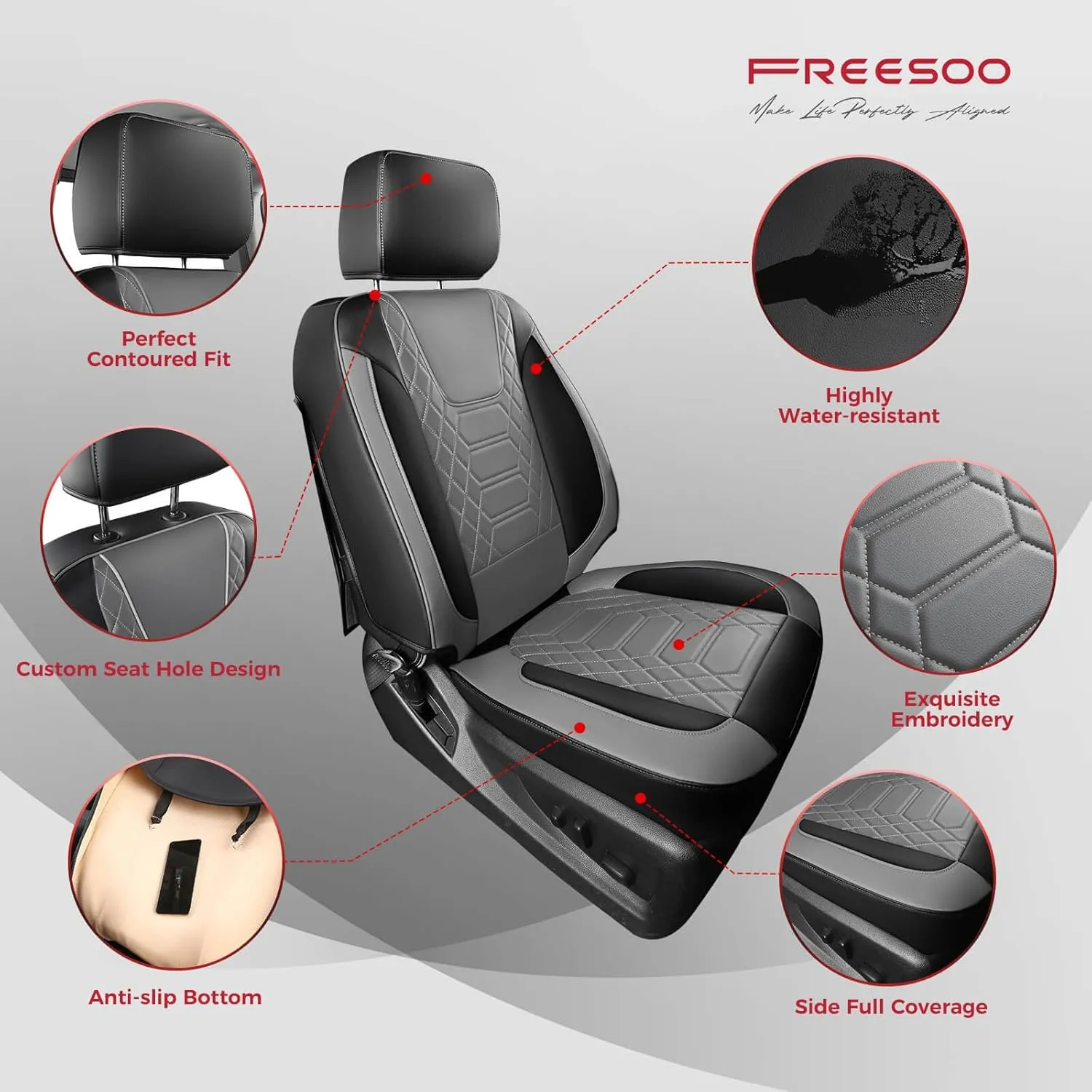 FREESOO Silverado 2019-2024 Faux Leather Full Set Seat Covers, Fit for Chevy Silverado GMC Sierra 1500 Crew Cab Waterproof Truck Seat Covers BlackGray