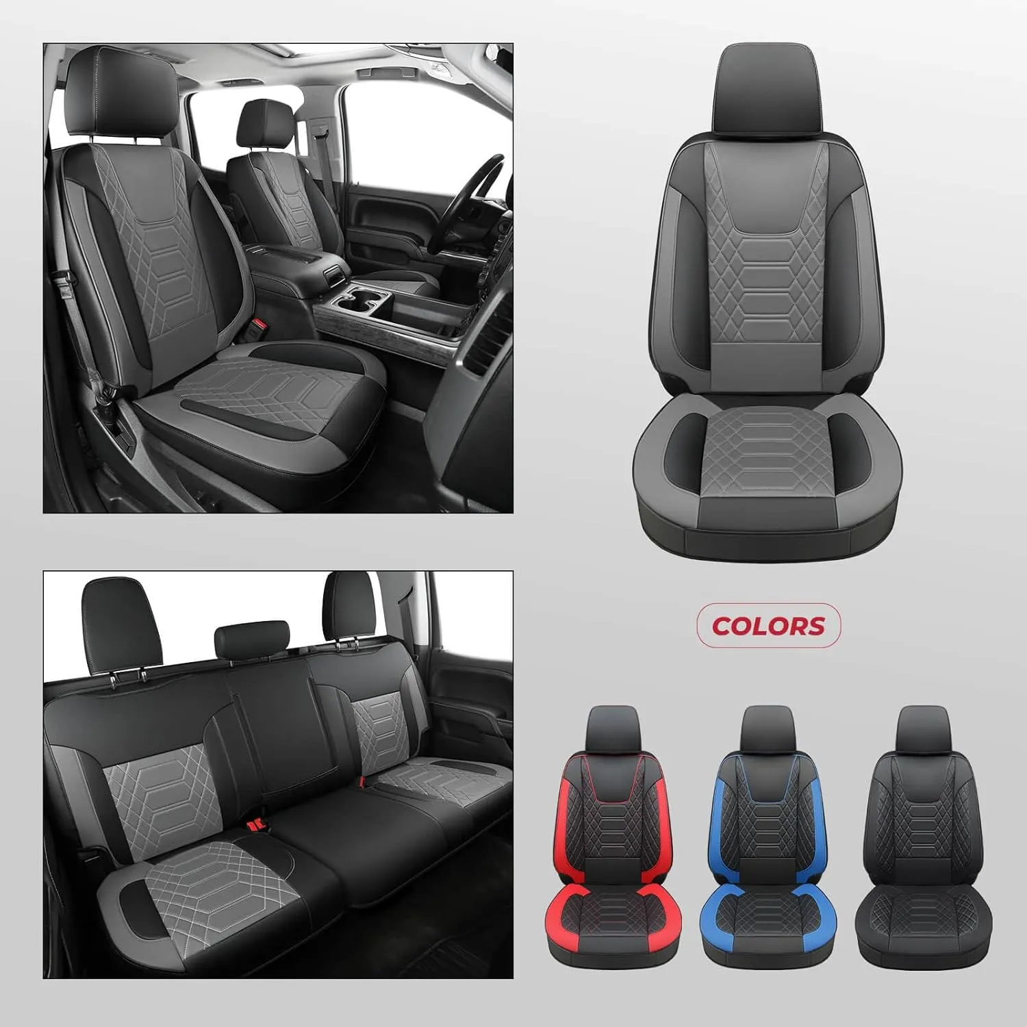 FREESOO Silverado 2019-2024 Faux Leather Full Set Seat Covers, Fit for Chevy Silverado GMC Sierra 1500 Crew Cab Waterproof Truck Seat Covers BlackGray