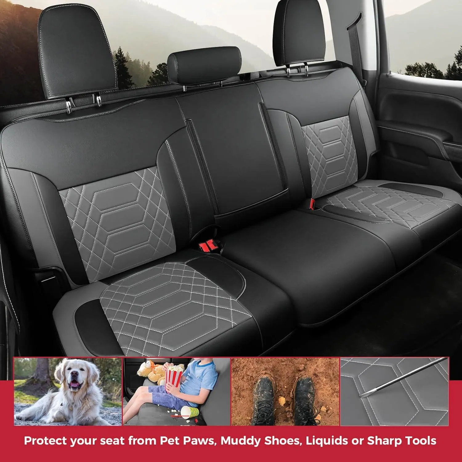 FREESOO Silverado 2019-2024 Faux Leather Full Set Seat Covers, Fit for Chevy Silverado GMC Sierra 1500 Crew Cab Waterproof Truck Seat Covers BlackGray