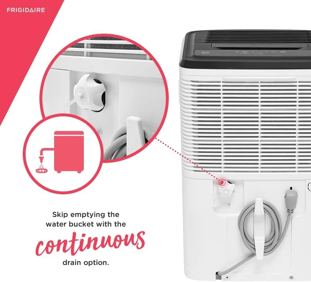 Frigidaire 35 Pint Dehumidifier, 3,000 Square Foot Coverage, 1.7 Gallon Bucket Capacity, Continuous Drain Option