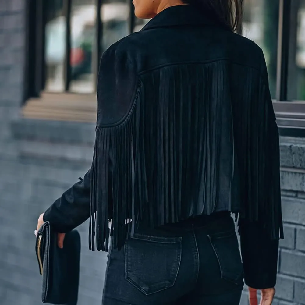 Fringe Faux Suede Leather Jackets for Women Tassel Motorcycle Moto Biker Short Open Front Tassel Coat