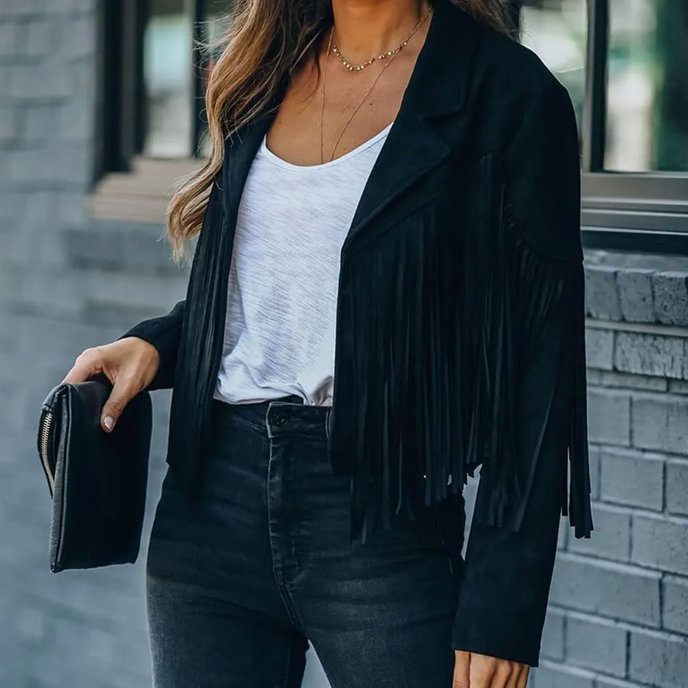 Fringe Faux Suede Leather Jackets for Women Tassel Motorcycle Moto Biker Short Open Front Tassel Coat