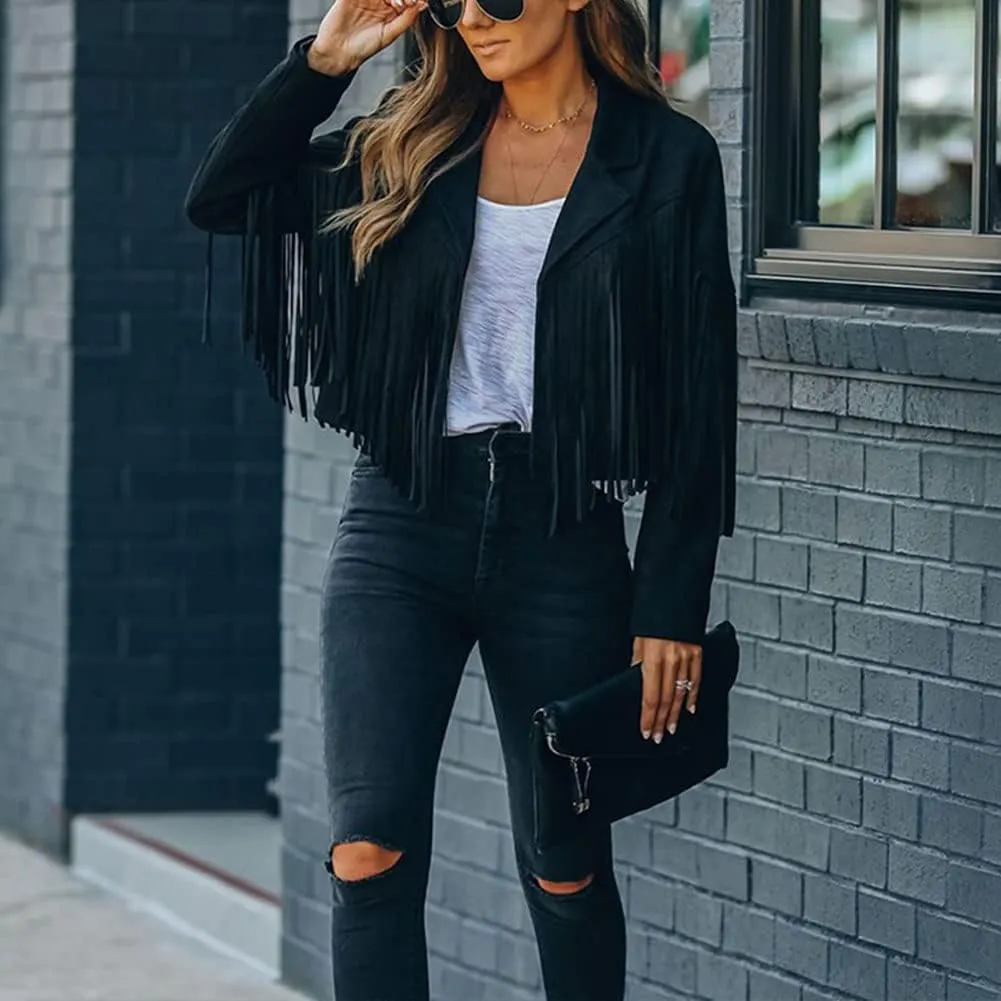 Fringe Faux Suede Leather Jackets for Women Tassel Motorcycle Moto Biker Short Open Front Tassel Coat