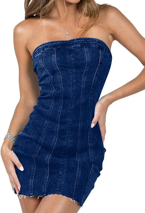 Fronage Women's Sexy Jeans Denim Strapless Dresses Bodycon Corset Tube Mini Dress