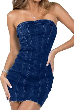Fronage Women's Sexy Jeans Denim Strapless Dresses Bodycon Corset Tube Mini Dress