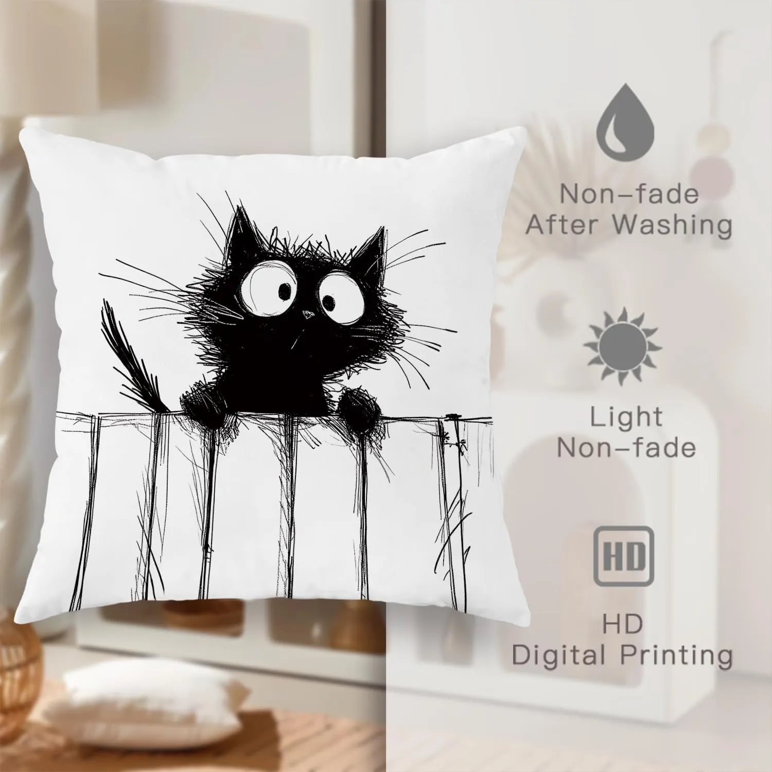 Funny Black Cat Throw Pillow Covers 20x20 Set of 4, Cartoon Gothic Pet Pillow Cases Kit with Zipper, Fun Kawaii Kids Goth Cat Pillows for Cat Lovers Velvet Decor for Couch Sofa Living Room Bed