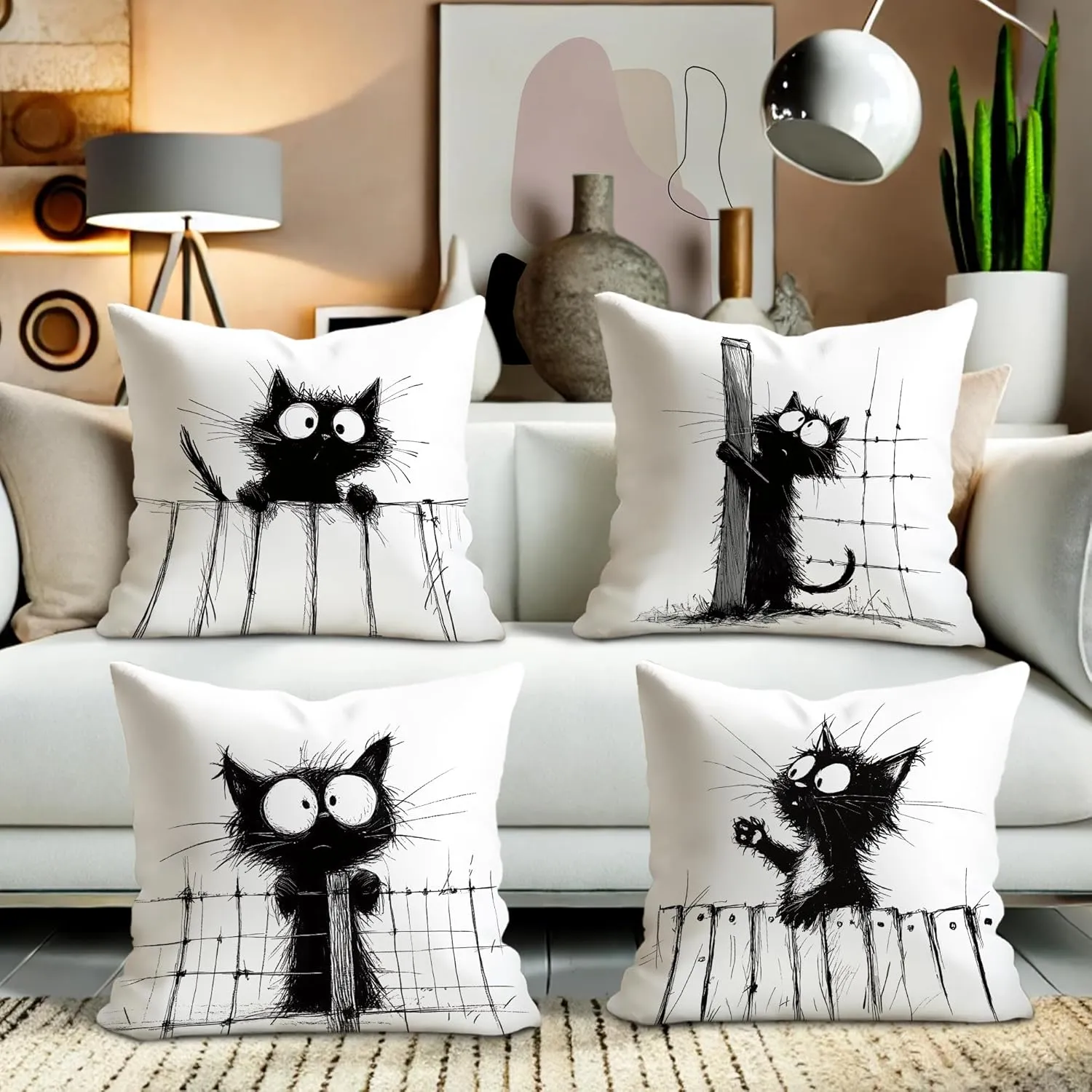 Funny Black Cat Throw Pillow Covers 20x20 Set of 4, Cartoon Gothic Pet Pillow Cases Kit with Zipper, Fun Kawaii Kids Goth Cat Pillows for Cat Lovers Velvet Decor for Couch Sofa Living Room Bed
