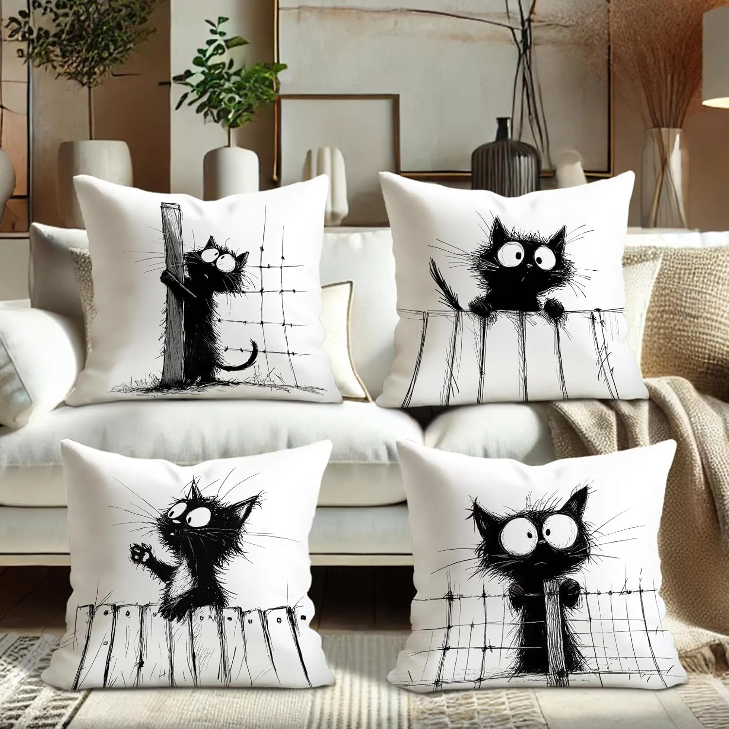 Funny Black Cat Throw Pillow Covers 20x20 Set of 4, Cartoon Gothic Pet Pillow Cases Kit with Zipper, Fun Kawaii Kids Goth Cat Pillows for Cat Lovers Velvet Decor for Couch Sofa Living Room Bed