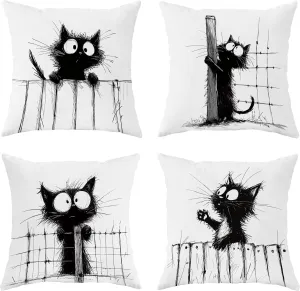 Funny Black Cat Throw Pillow Covers 20x20 Set of 4, Cartoon Gothic Pet Pillow Cases Kit with Zipper, Fun Kawaii Kids Goth Cat Pillows for Cat Lovers Velvet Decor for Couch Sofa Living Room Bed