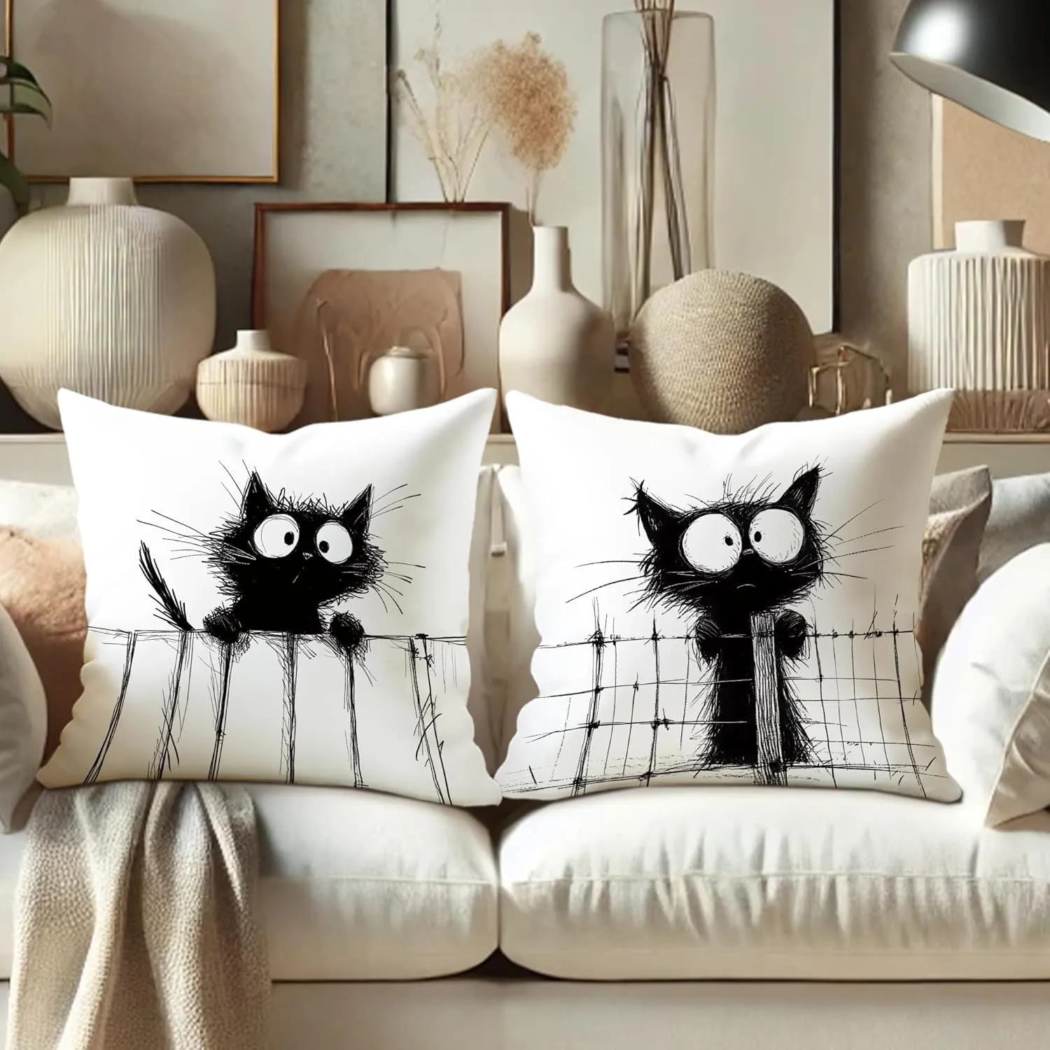 Funny Black Cat Throw Pillow Covers 20x20 Set of 4, Cartoon Gothic Pet Pillow Cases Kit with Zipper, Fun Kawaii Kids Goth Cat Pillows for Cat Lovers Velvet Decor for Couch Sofa Living Room Bed