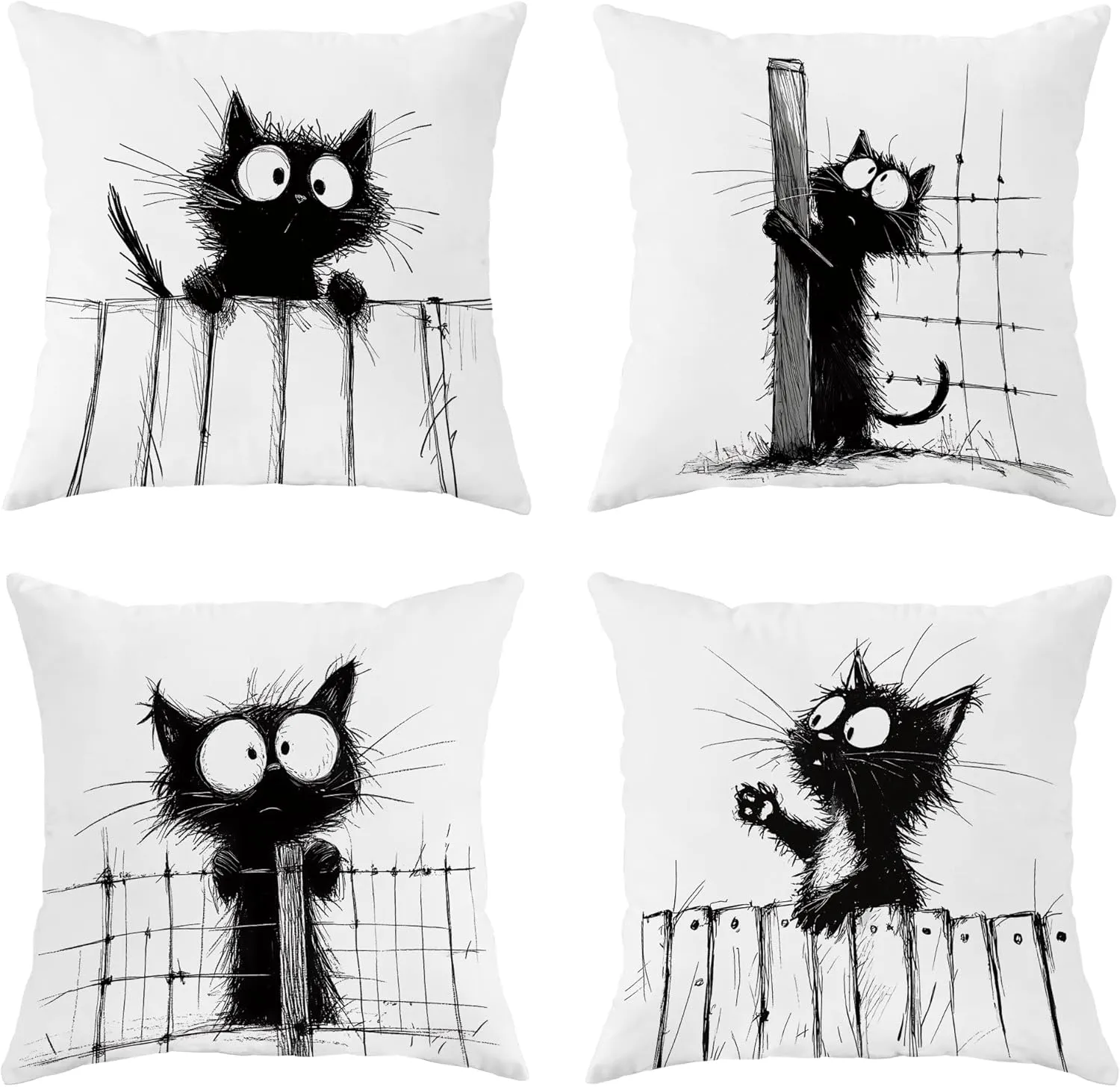 Funny Black Cat Throw Pillow Covers 20x20 Set of 4, Cartoon Gothic Pet Pillow Cases Kit with Zipper, Fun Kawaii Kids Goth Cat Pillows for Cat Lovers Velvet Decor for Couch Sofa Living Room Bed