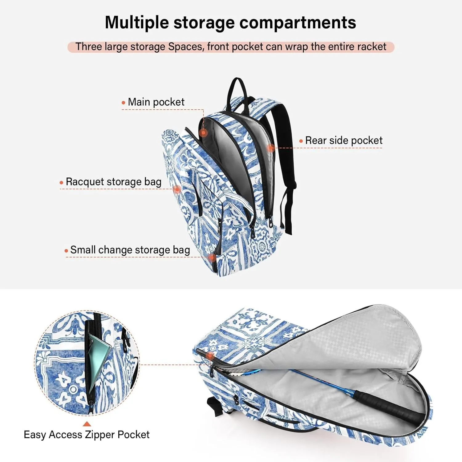 GAIGEO Cool Soccer Graffiti Pickleball Backpack, Multiple Storage Compartments Tennis Racket Backpack, Foldable Pocket